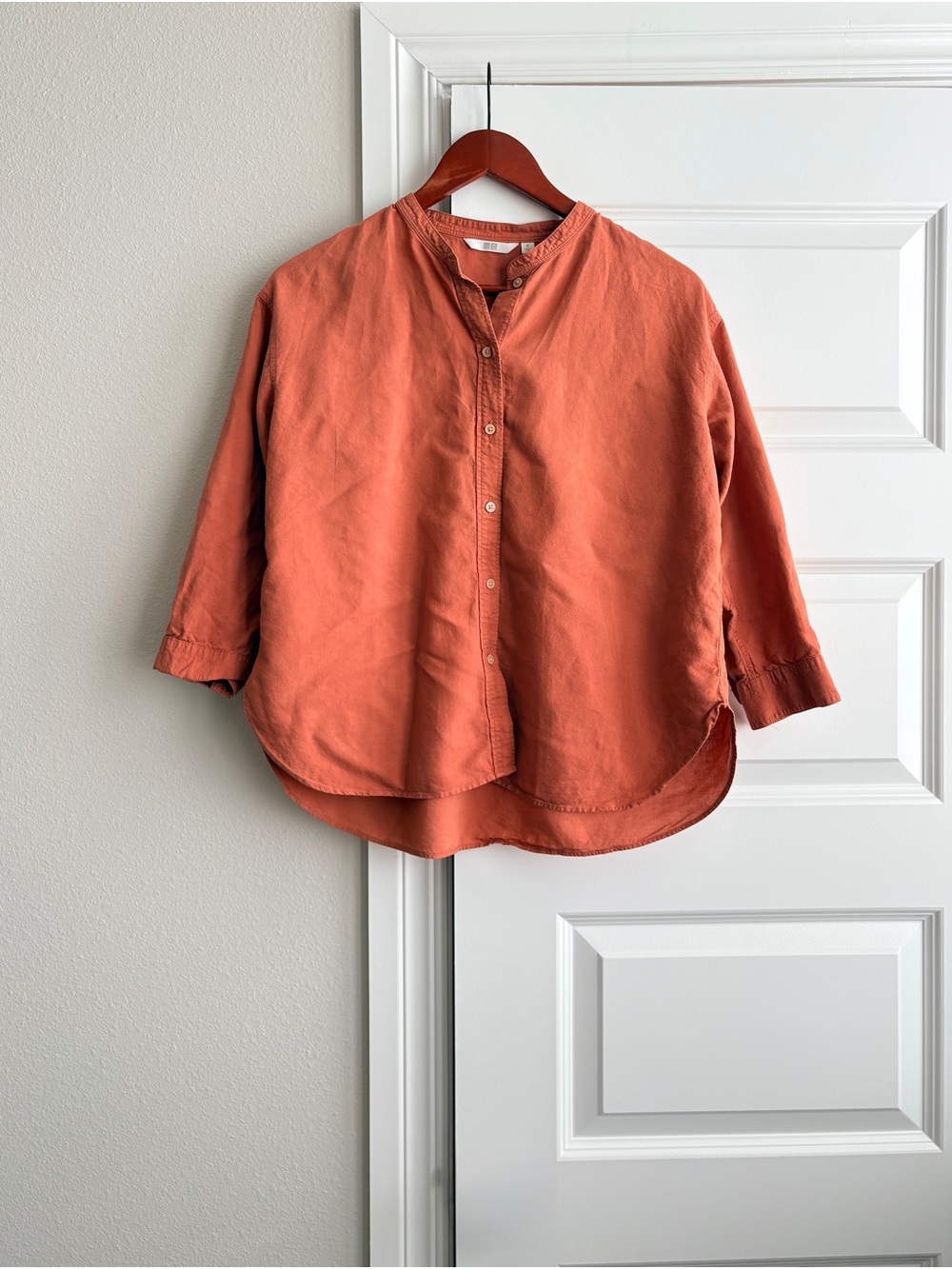 Uniqlo Linen Blend Rust Orange retro Collarless Button Up Shirt M fall Autumn